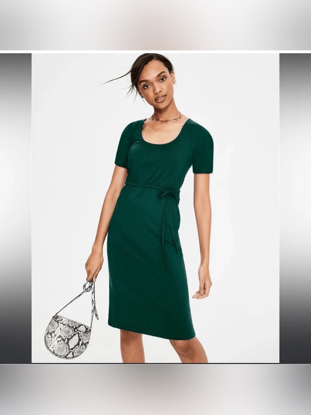 Boden Deep Green Scoop Neck Tie-Waist Midi Dress Size 8